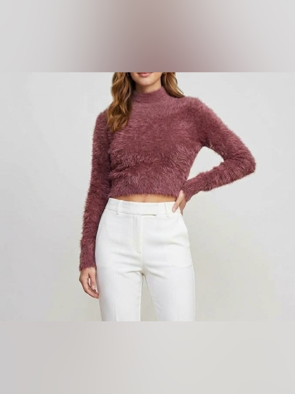 Express Maroon Fuzzy Textured Knit Cropped Mock Neck Sweater Burgundy Size S
